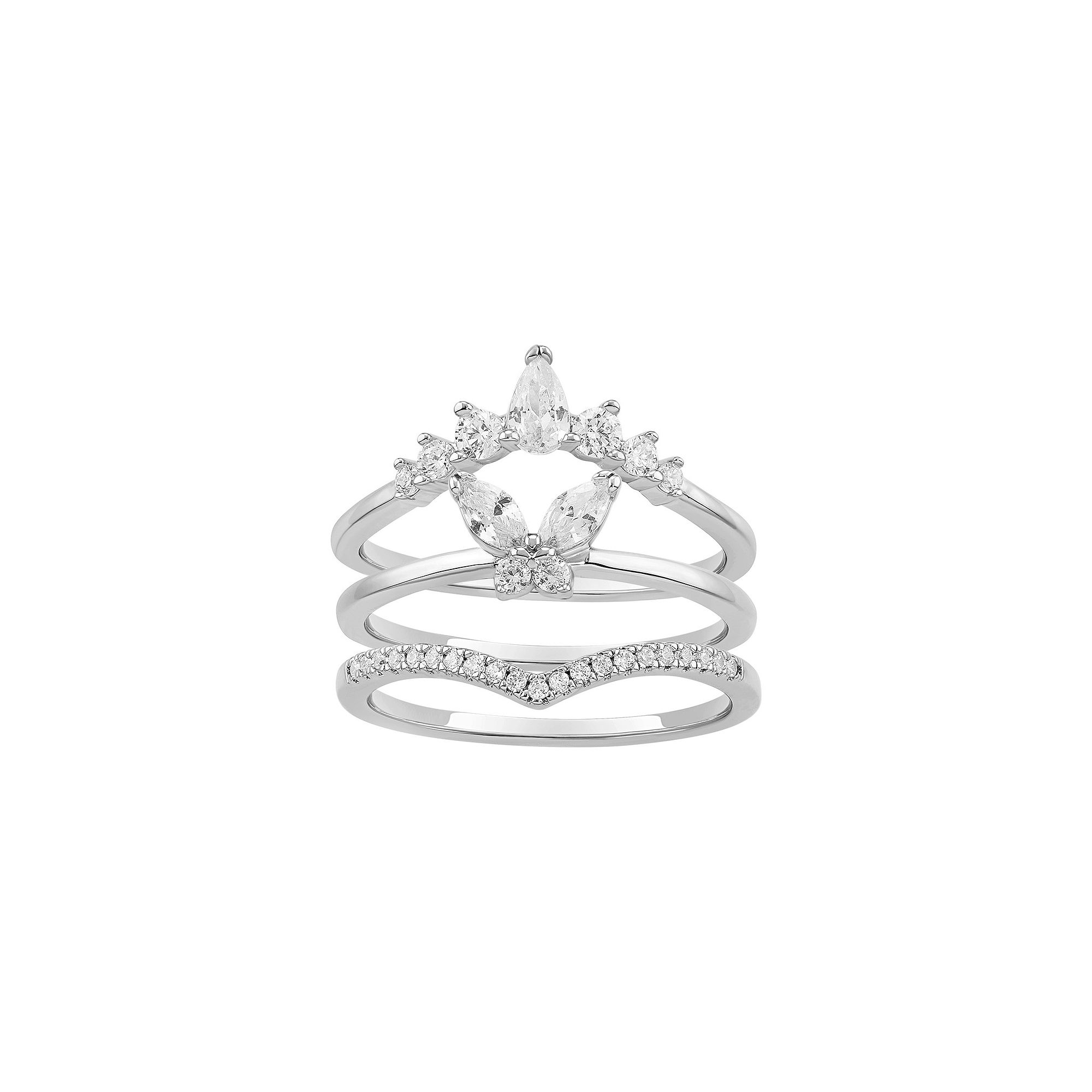 PRIMROSE Silver Tone Cubic Zirconia Butterfly V-Shape Ring Trio Set, Women