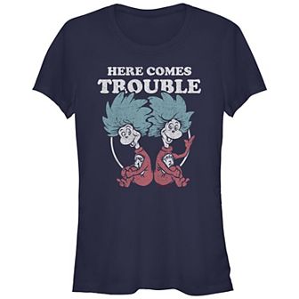 Juniors' Dr. Seuss Thing 1 And Thing 2 Here Comes Trouble Fitted Graphic Tee