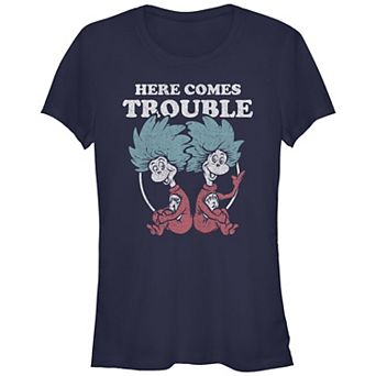 Juniors' Dr. Seuss Thing 1 And Thing 2 Here Comes Trouble Fitted Graphic Tee