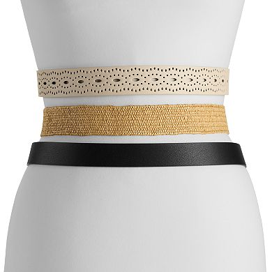 Women's Nine West 3-Piece Perforated, Straw and Circle Belt Set