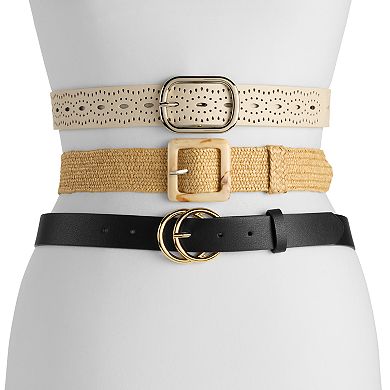 Women's Nine West 3-Piece Perforated, Straw and Circle Belt Set