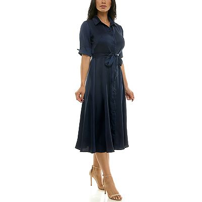 satin shirt dress midi Donna Karan Women's Satin Midi Shirt Dress in Weathered Sage Green, Size 14