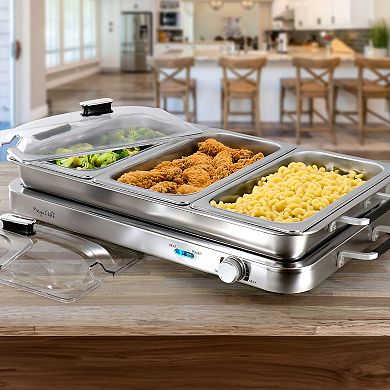 MegaChef 3-in-1 Electric Chafing Buffet Server & Warming Tray with Triple 2.63 qt. Trays & 8.6 qt. Baking Pan