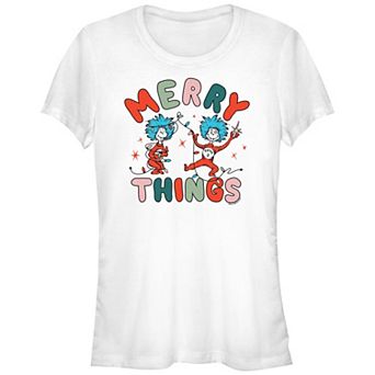 Juniors' Dr. Seuss Thing 1 And Thing 2 Merry Things Fitted Graphic Tee