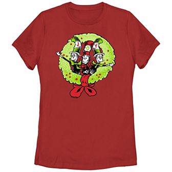Juniors' Dr. Seuss The Cat In The Hat Christmas Joy Wreath Graphic Tee
