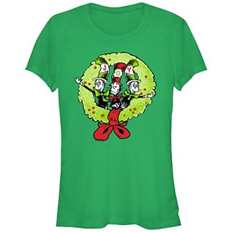 Juniors' Dr. Seuss The Cat In The Hat Christmas Joy Wreath Fitted Graphic Tee