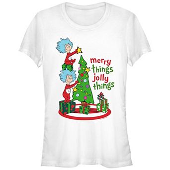 Juniors' Dr. Seuss Thing 1 And Thing 2 Merry Things Jolly Things Fitted Graphic Tee