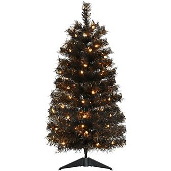 Haunted Hill 3-Ft. Spooky Black Artificial Tinsel Tree with Warm White LED Lights Floor Decor