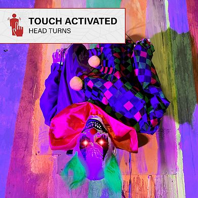 Haunted Hill Animatronic Upside Down Clown on Swing with Lights and Sound Indoor / Outdoor Halloween Hanging Decoration