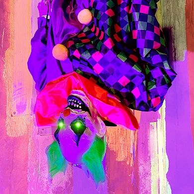 Haunted Hill Animatronic Upside Down Clown on Swing with Lights and Sound Indoor / Outdoor Halloween Hanging Decoration