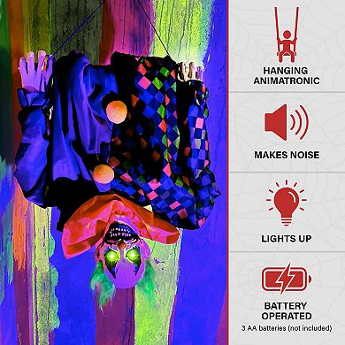 Haunted Hill Animatronic Upside Down Clown on Swing with Lights and Sound Indoor / Outdoor Halloween Hanging Decoration