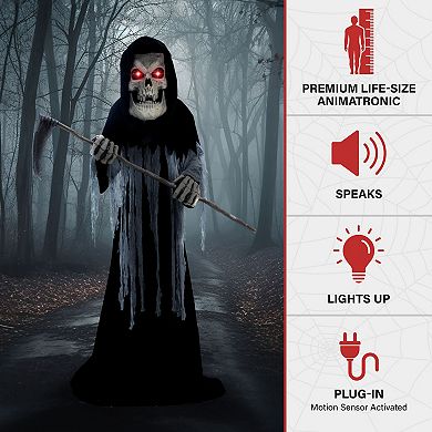 Haunted Hill 8.5-Foot Tall Motion-Activated Animatronic Reaper Halloween Floor Decor