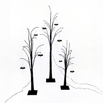 Haunted Hill Set of 3 Halloween Trees with Bats and Purple LED Lights, 3-ft., 4-ft., and 5-ft.
