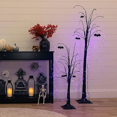 Haunted Hill Set of 3 Halloween Trees with Bats and Purple LED Lights, 3-ft., 4-ft., and 5-ft.