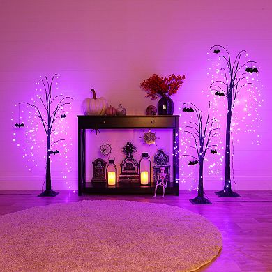 Haunted Hill Set of 3 Halloween Trees with Bats and Purple LED Lights, 3-ft., 4-ft., and 5-ft.