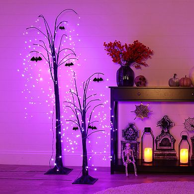Haunted Hill Set of 3 Halloween Trees with Bats and Purple LED Lights, 3-ft., 4-ft., and 5-ft.