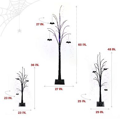 Haunted Hill Set of 3 Halloween Trees with Bats and Purple LED Lights, 3-ft., 4-ft., and 5-ft.