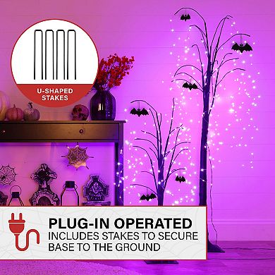 Haunted Hill Set of 3 Halloween Trees with Bats and Purple LED Lights, 3-ft., 4-ft., and 5-ft.