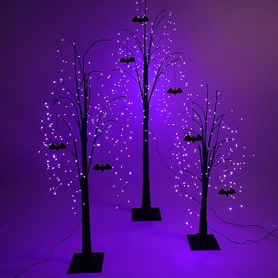 Haunted Hill Set of 3 Halloween Trees with Bats and Purple LED Lights, 3-ft., 4-ft., and 5-ft.