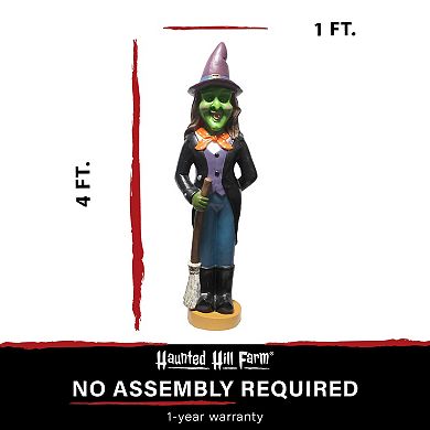 Haunted Hill 4-Ft. Scary Witch Holding a Broom Prelit LED Resin, Indoor or Covered Outdoor Halloween Decoration, Plug-In