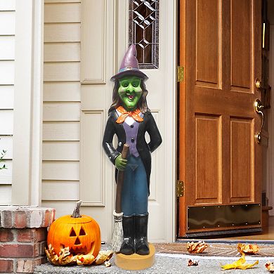 Haunted Hill 4-Ft. Scary Witch Holding a Broom Prelit LED Resin, Indoor or Covered Outdoor Halloween Decoration, Plug-In