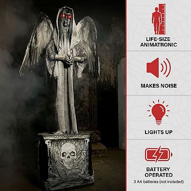 Haunted Hill Lifesize Animatronic Haunted Angel Statue with Lights and Sound, Indoor/Covered Outdoor Halloween Decoration