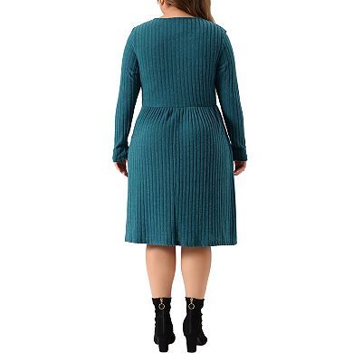 Plus Size Round Neck Long Sleeve Elegant Ribbed Midi Knit Sweater Dress