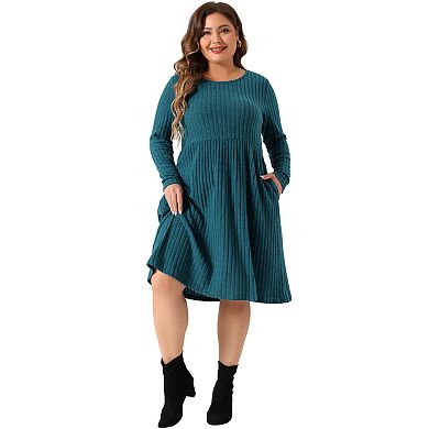 Plus Size Round Neck Long Sleeve Elegant Ribbed Midi Knit Sweater Dress