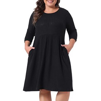 Plus Size Round Neck Long Sleeve Elegant Ribbed Midi Knit Sweater Dress