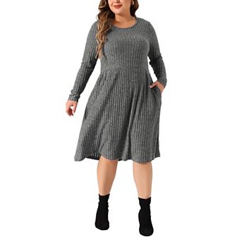 Plus Size Round Neck Long Sleeve Elegant Ribbed Midi Knit Sweater Dress
