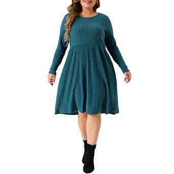 Plus Size Round Neck Long Sleeve Elegant Ribbed Midi Knit Sweater Dress