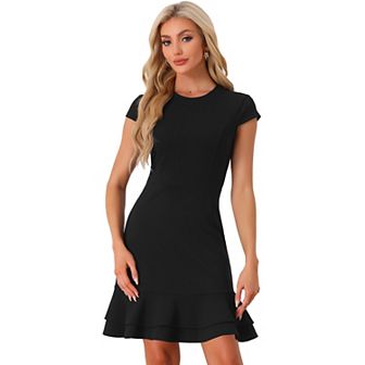 Women's Cap Sleeves Round Neck Tiered Ruffled Hem Midi Dress