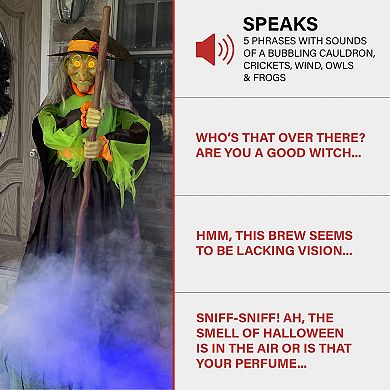 Haunted Hill 6-Ft. Tall Motion-Activated Cauldron Witch, Premium Talking Halloween Animatronic, Plug-In