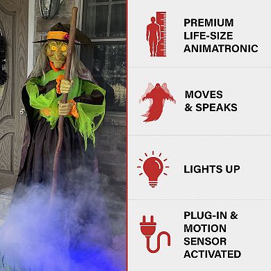 Haunted Hill 6-Ft. Tall Motion-Activated Cauldron Witch, Premium Talking Halloween Animatronic, Plug-In