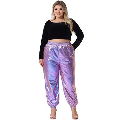 Women's Plus Size Joggers Pants Metallic High Waist Elastic Cuff Trousers Sweatpants