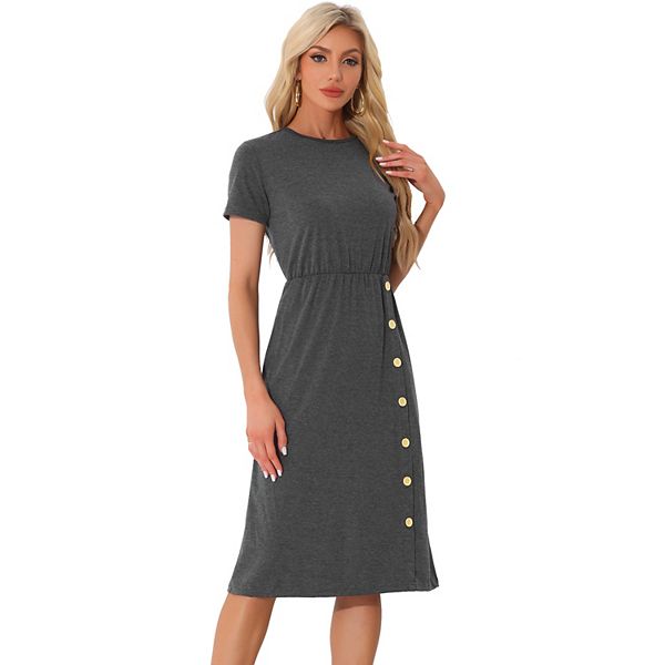 Elegant Short Sleeve Crew Neck Plain Midi Dress