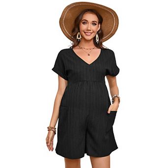 Women's V-Neck Jumpsuits Maternity Wide Leg Romper Short Sleeves Overall with Pockets Outfit