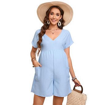 Women's V-Neck Jumpsuits Maternity Wide Leg Romper Short Sleeves Overall with Pockets Outfit