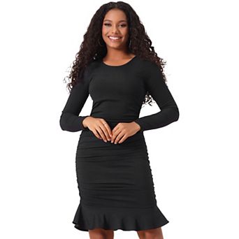 Mermaid Bodycon Dress For Women Elegant Vintage Cocktail Party Long Sleeve Side Ruched Midi Dress