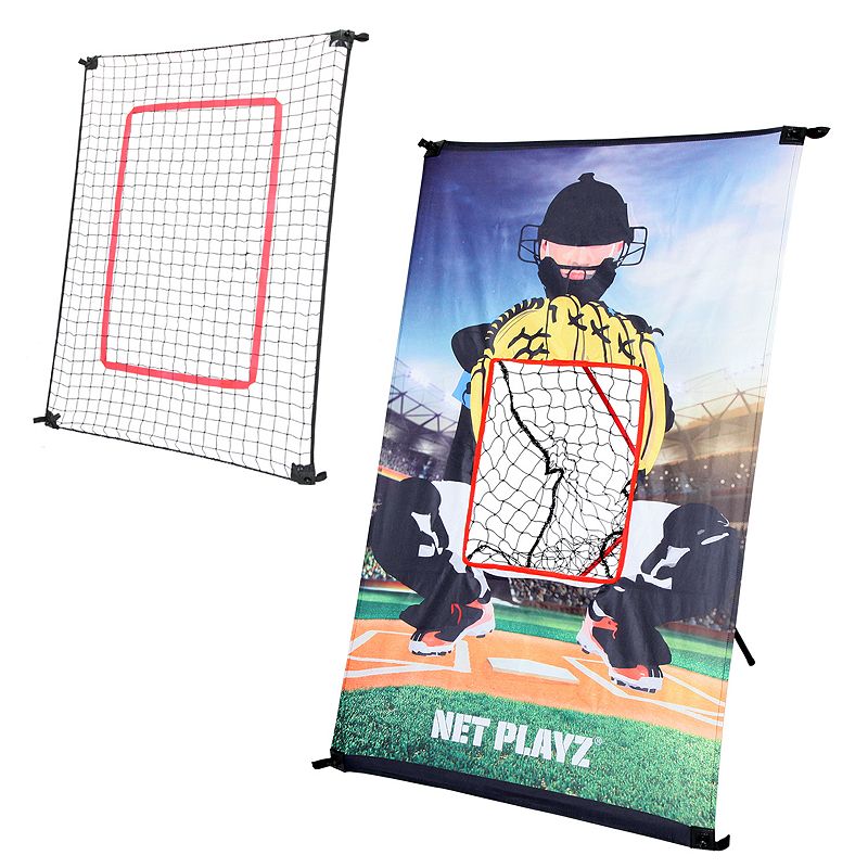 Net Playz Junior Baseball / Softball Trainer Combo Pitchback Rebounder Net & Pitching Target Panel with Carry Bag, Black Red