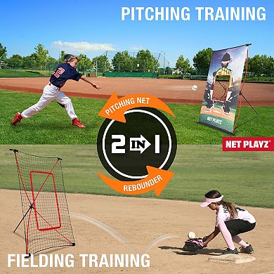 Net Playz Junior Baseball / Softball Trainer Combo Pitchback Rebounder Net & Pitching Target Panel with Carry Bag