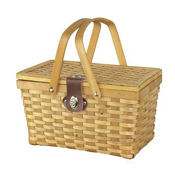 Gingham Lined Woodchip Picnic Basket With Lid and Movable Handles
