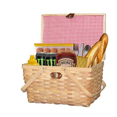 Gingham Lined Woodchip Picnic Basket With Lid and Movable Handles