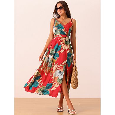 Women's Summer Boho Maxi Dresses V Neck Sleeveless Floral Flowy Split ...