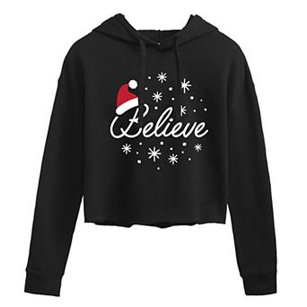 Juniors' Believe With Santa Hat Cropped Hoodie