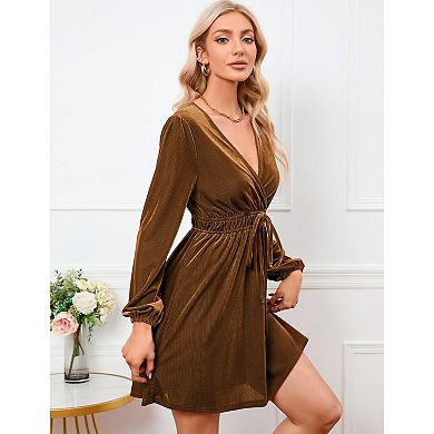 Women's Velvet Dress Wrap V Neck Pleated Waist Long Sleeve Casual Party Skater Dresses