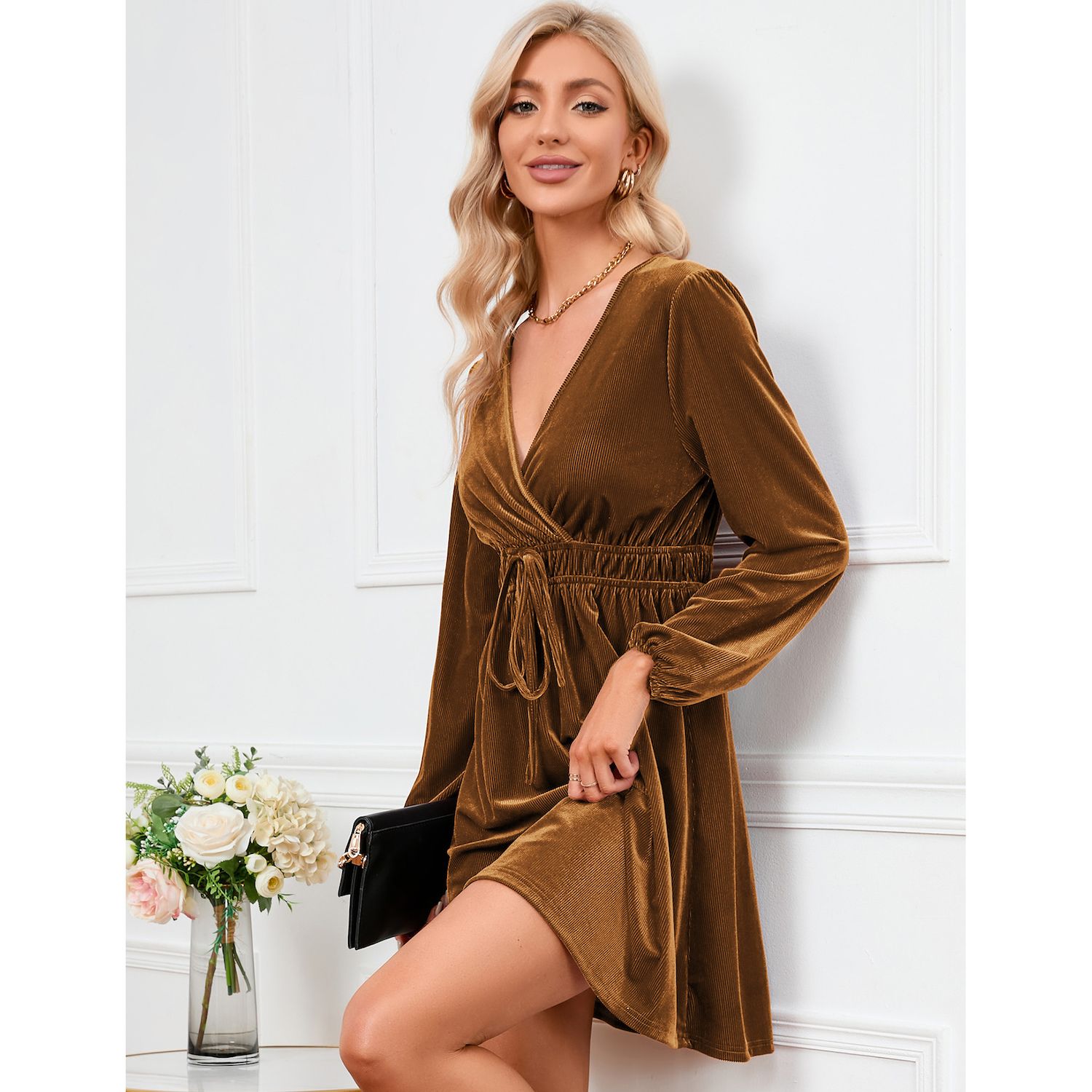 brown velvet skater dress Women's Velvet Dress Wrap V Neck Pleated Waist Long Sleeve Casual Party Skater  Dresses