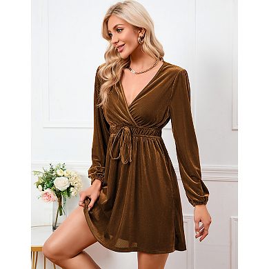 Women's Velvet Dress Wrap V Neck Pleated Waist Long Sleeve Casual Party Skater Dresses