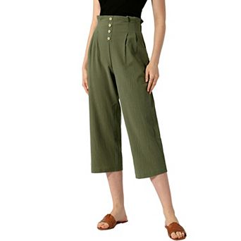 Women's Cotton Linen Pants Elastic Waist Lightweight Buttons Casual Trousers