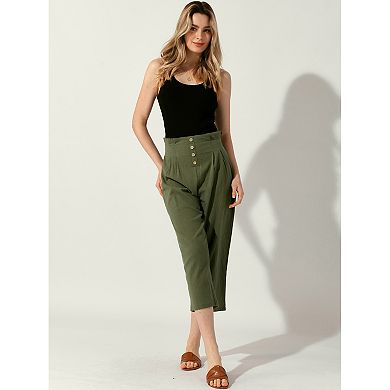 Women's Cotton Linen Pants Elastic Waist Lightweight Buttons Casual Trousers
